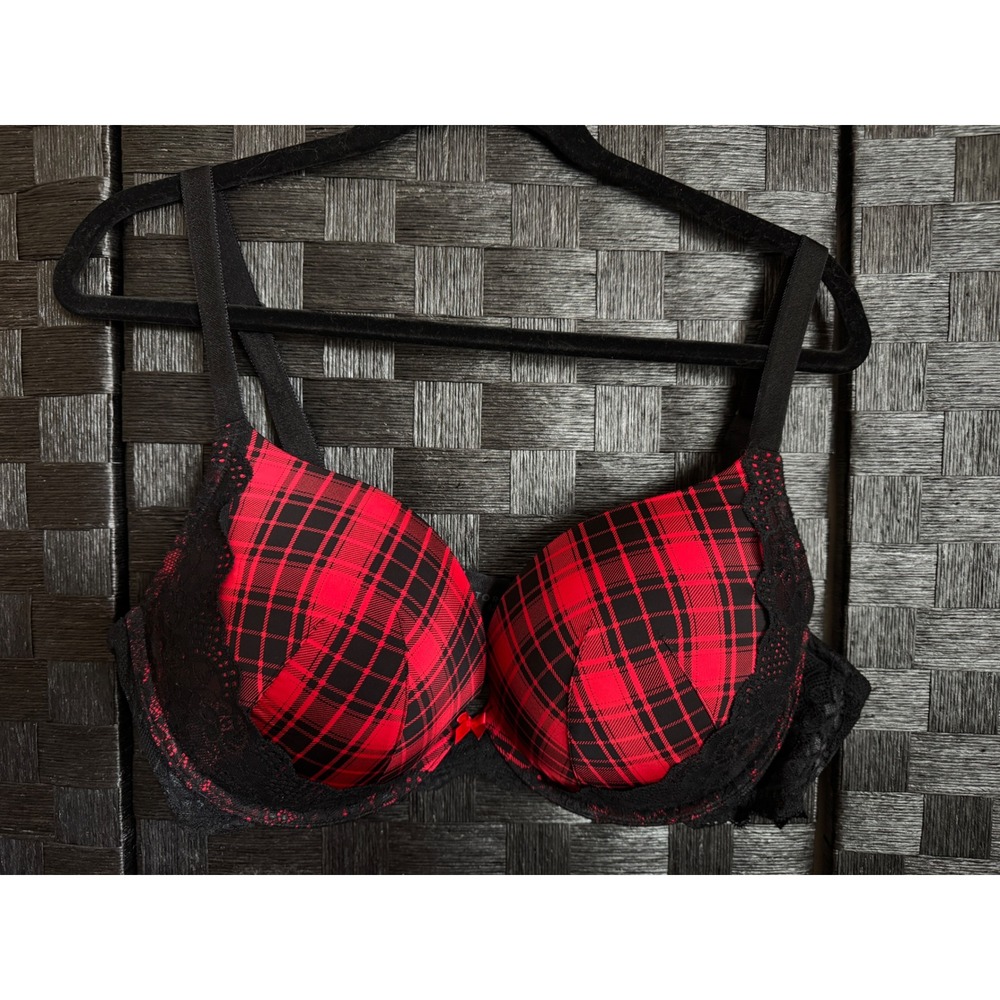 Torrid Push Up Plunge Bra Women 42D Red Black Plaid Lace Trim Underwire Padded